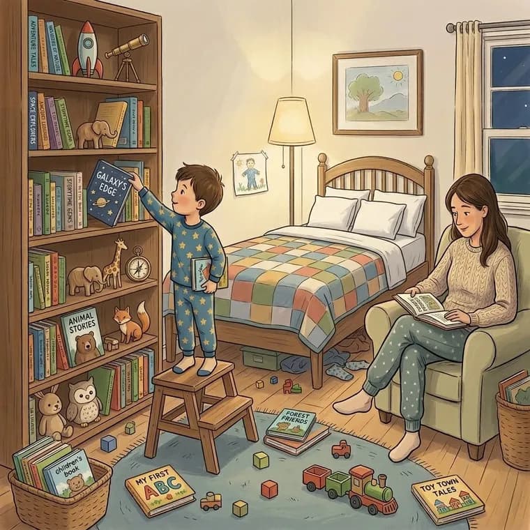 A child reaching for books at bedtime while mom reads